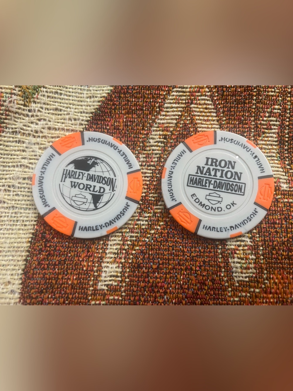 Lot of 2 Oklahoma Harley-Davidson Poker Chips OKC World & Edmond Iron Nation